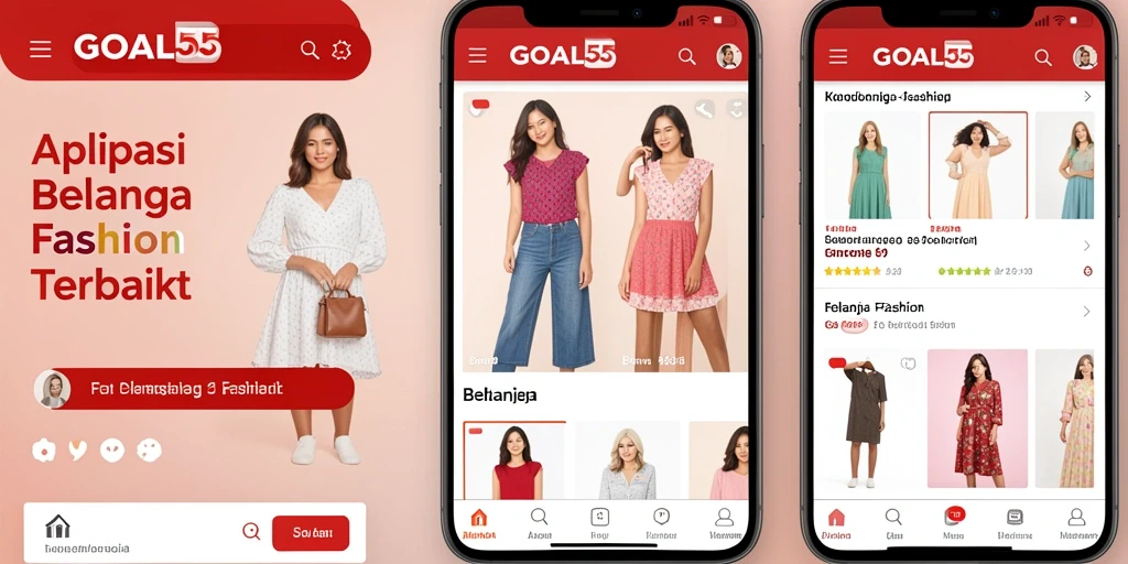 Antarmuka aplikasi GOAL55 menampilkan berbagai produk fashion dengan pengaturan yang rapi.