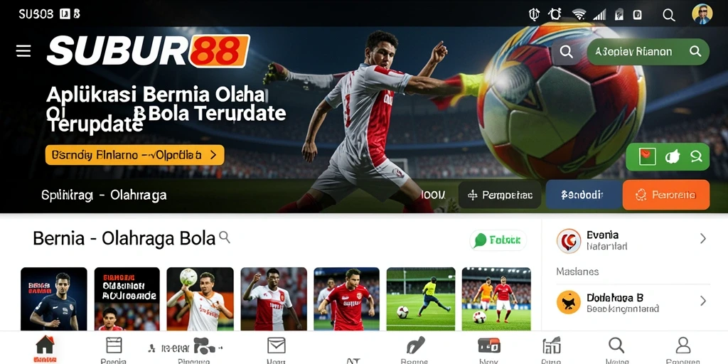 Screenshot utama aplikasi SUBUR88 menampilkan berita terkini olahraga bola.